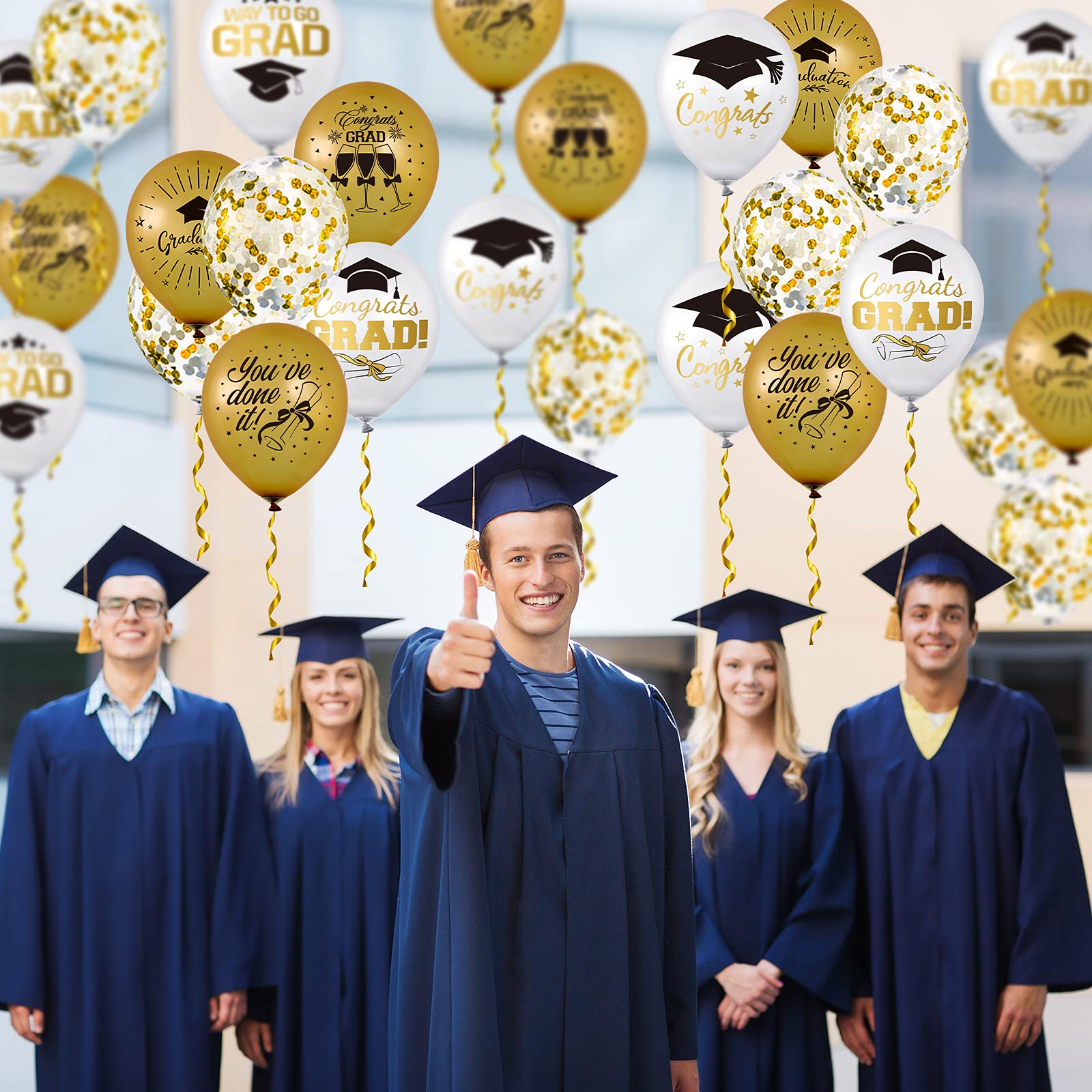 Whaline 60-Piece Graduation Balloon Set with Confetti & Gold Ribbons – 6 Printed Designs + 12 Confetti Balloons
