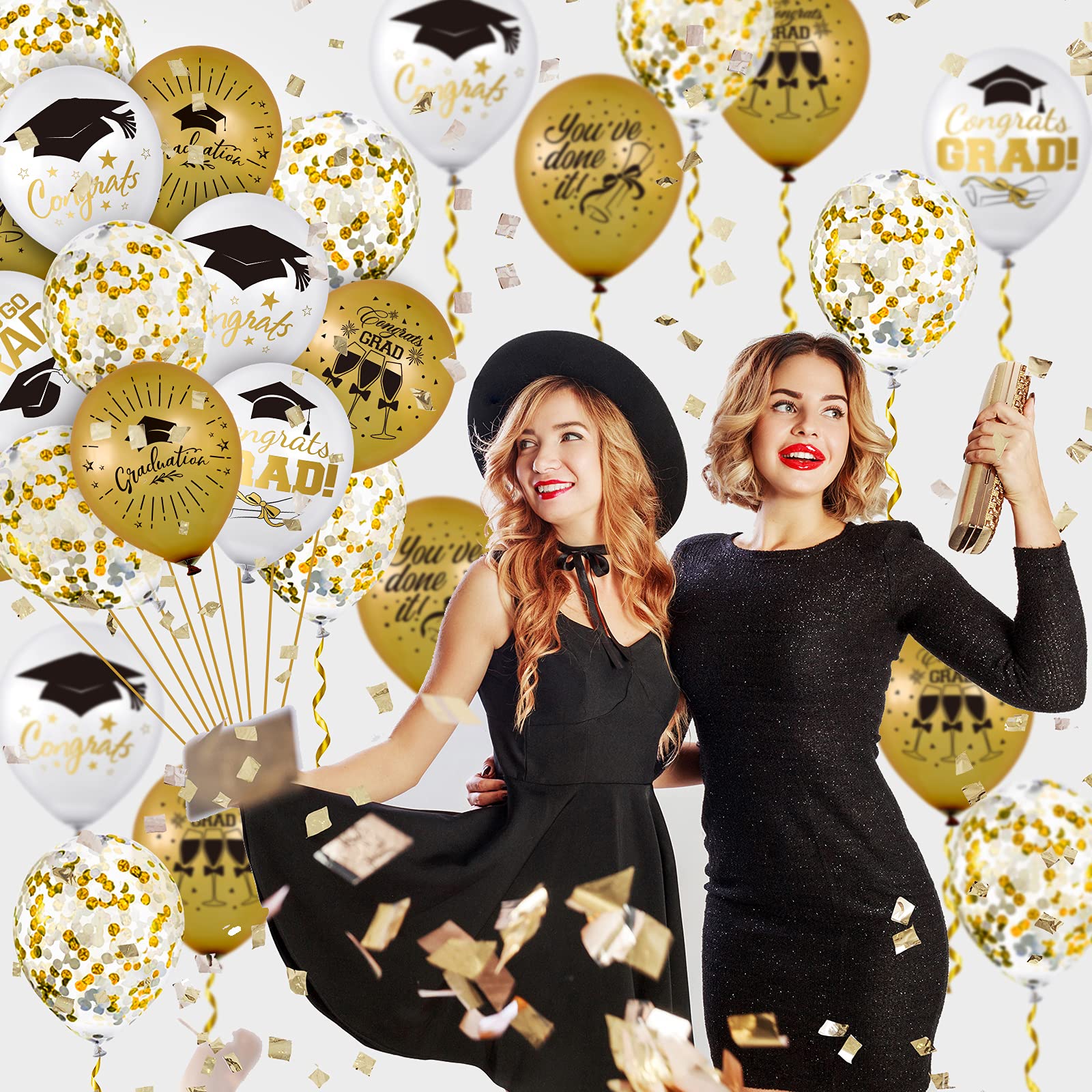 Whaline 60-Piece Graduation Balloon Set with Confetti & Gold Ribbons – 6 Printed Designs + 12 Confetti Balloons