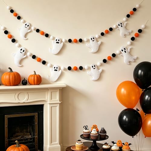 Whaline 6.6 Ft Halloween Ghost Banner with Felt Balls – Cute Ghosts with Different Expressions for Party Decor