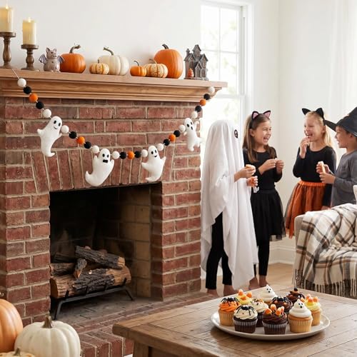 Whaline 6.6 Ft Halloween Ghost Banner with Felt Balls – Cute Ghosts with Different Expressions for Party Decor