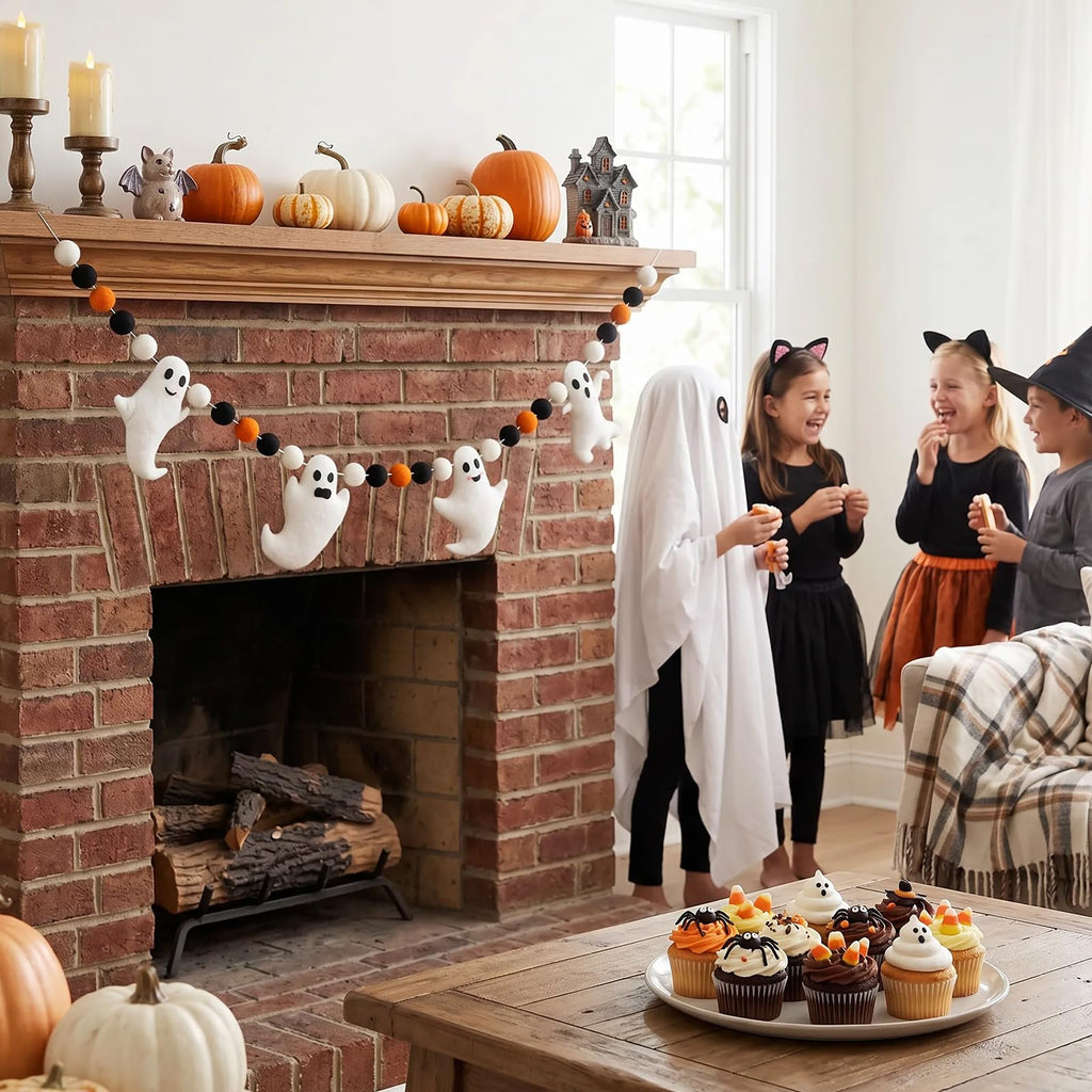 Whaline 6.6 Ft Halloween Ghost Banner with Felt Balls – Cute Ghosts with Different Expressions for Party Decor