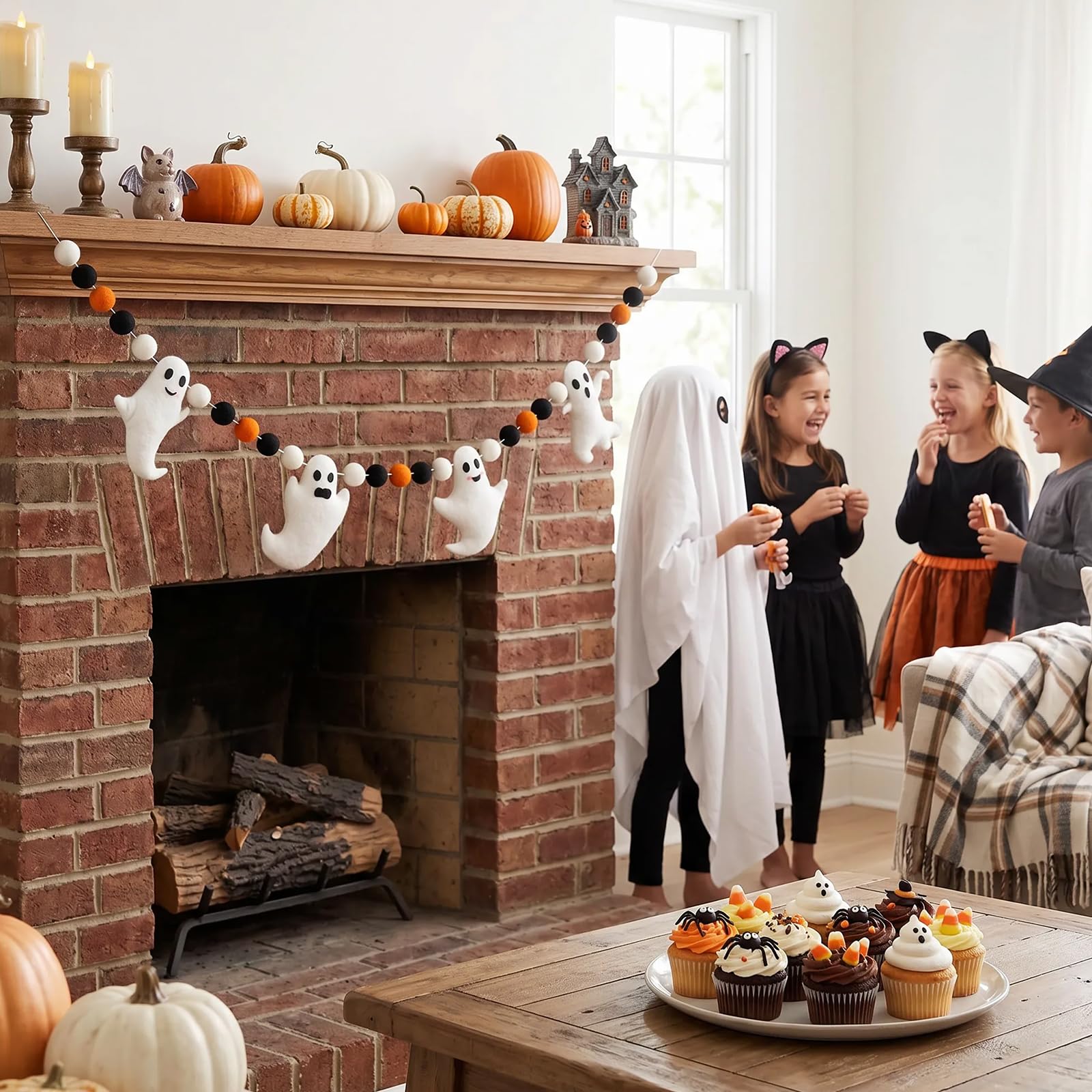 Whaline 6.6 Ft Halloween Ghost Banner with Felt Balls – Cute Ghosts with Different Expressions for Party Decor