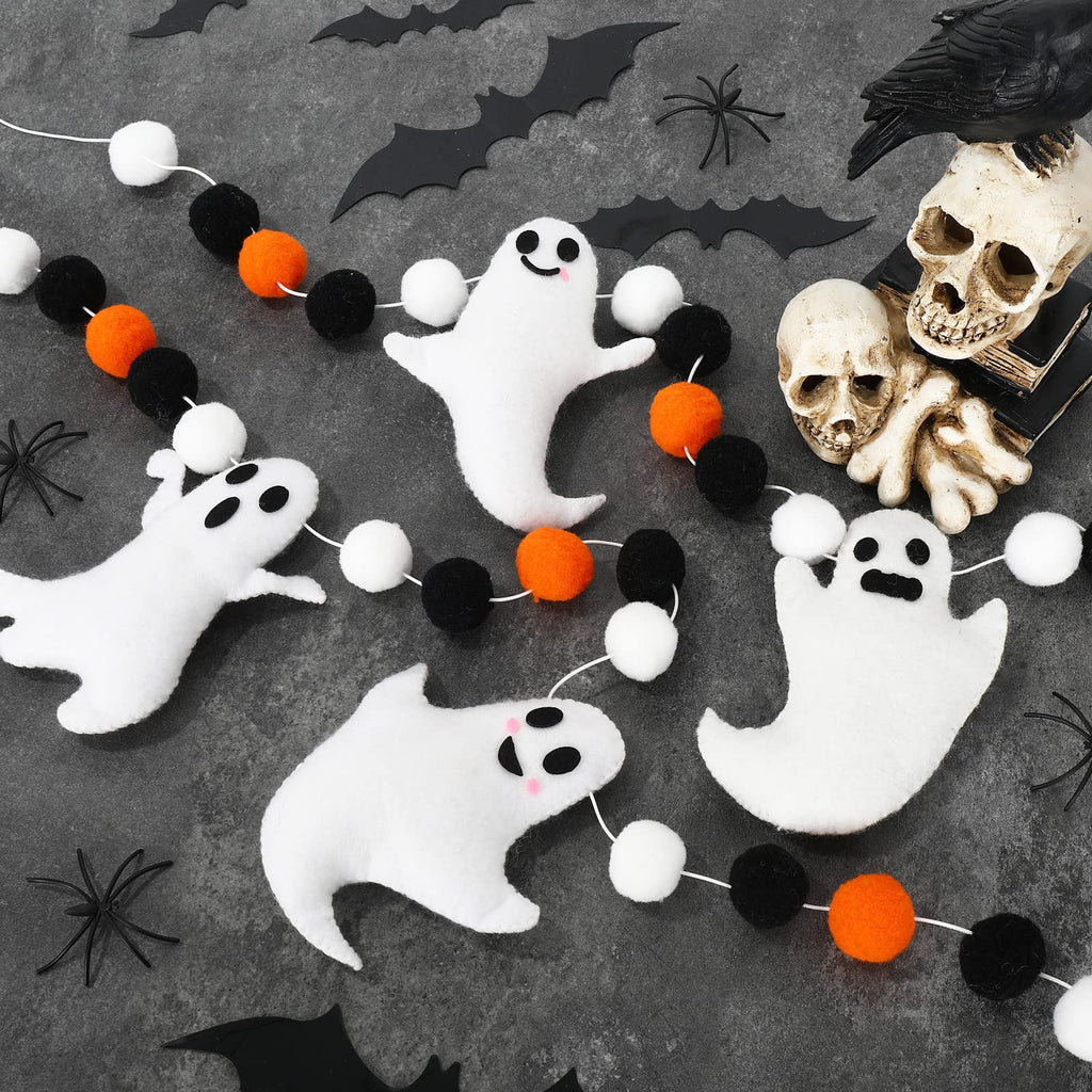 Whaline 6.6 Ft Halloween Ghost Banner with Felt Balls – Cute Ghosts with Different Expressions for Party Decor