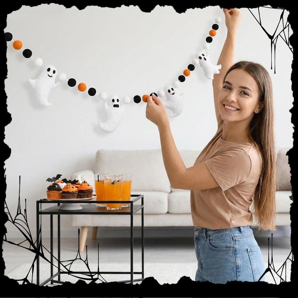 Whaline 6.6 Ft Halloween Ghost Banner with Felt Balls – Cute Ghosts with Different Expressions for Party Decor
