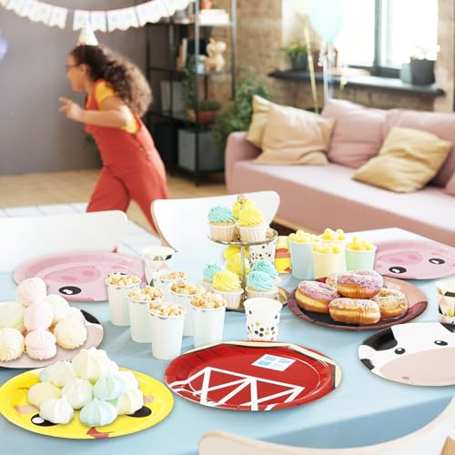 Whaline Farm Animal Paper Plates 24-Pack – 9 Inch Disposable Plates with Chicken, Pig, Cow, Sheep Designs