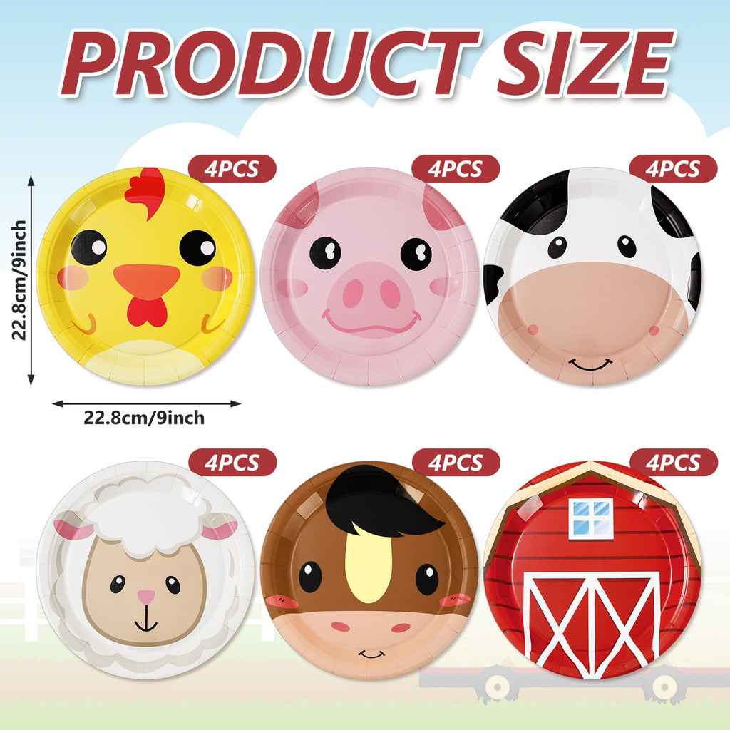Whaline Farm Animal Paper Plates 24-Pack – 9 Inch Disposable Plates with Chicken, Pig, Cow, Sheep Designs