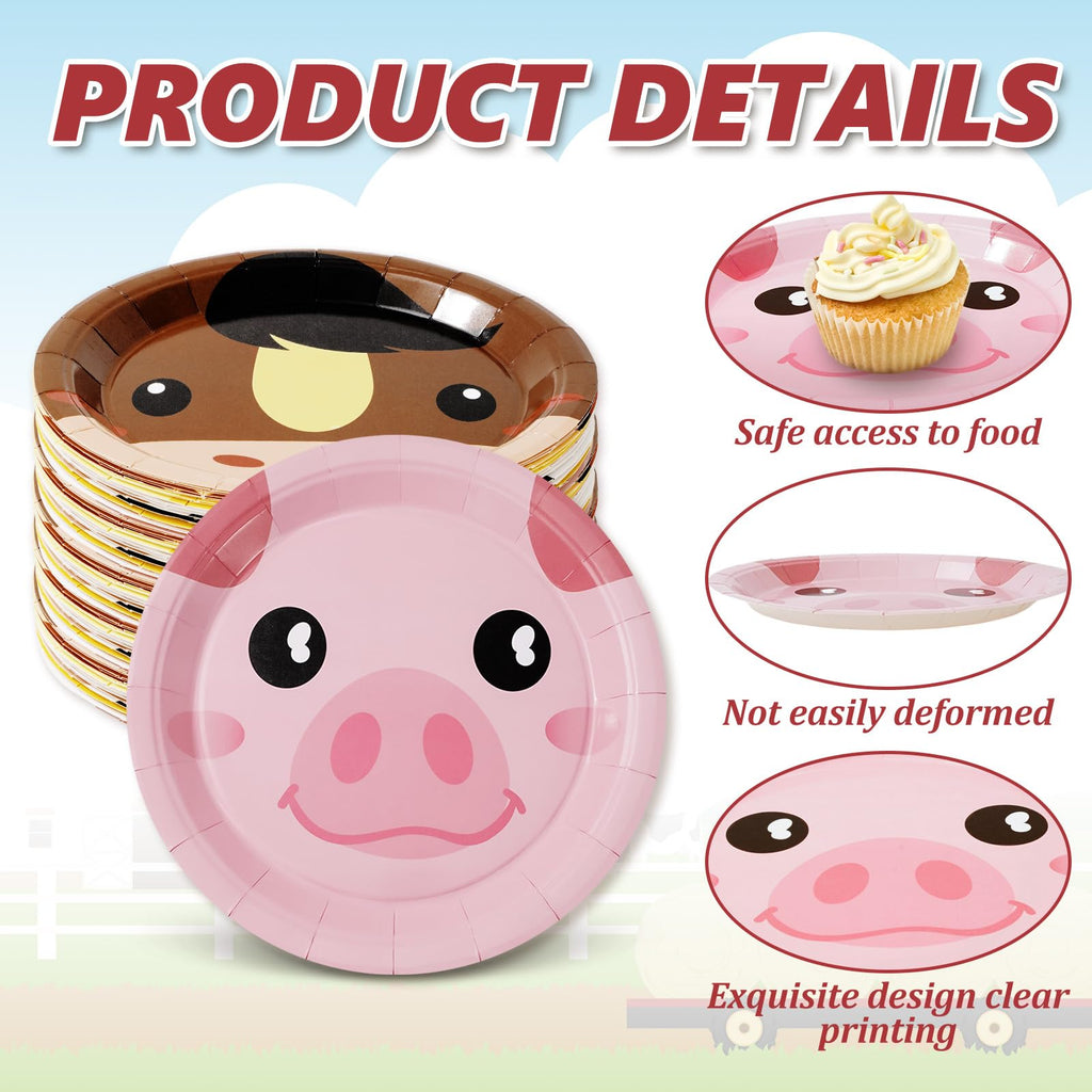 Whaline Farm Animal Paper Plates 24-Pack – 9 Inch Disposable Plates with Chicken, Pig, Cow, Sheep Designs