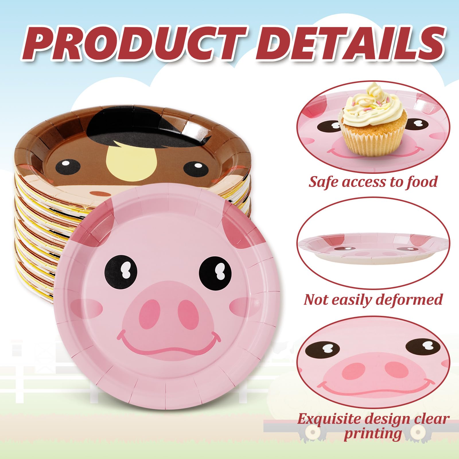 Whaline Farm Animal Paper Plates 24-Pack – 9 Inch Disposable Plates with Chicken, Pig, Cow, Sheep Designs