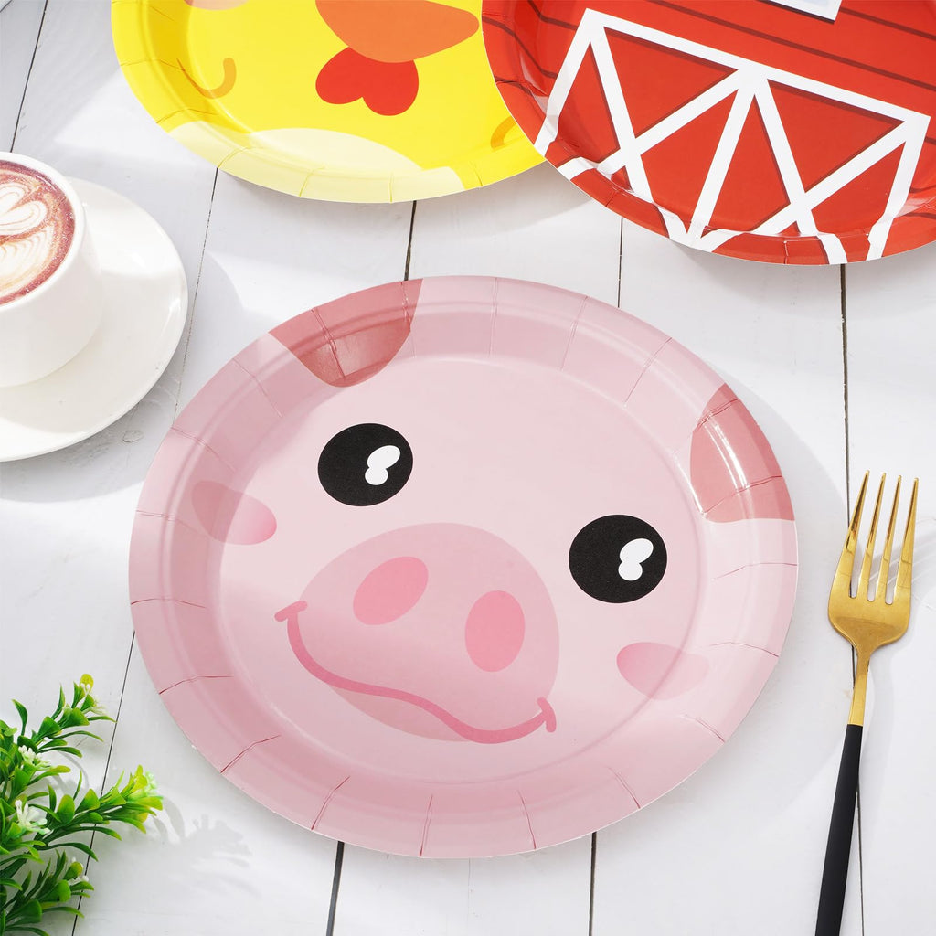 Whaline Farm Animal Paper Plates 24-Pack – 9 Inch Disposable Plates with Chicken, Pig, Cow, Sheep Designs