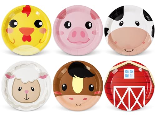 Whaline Farm Animal Paper Plates 24-Pack – 9 Inch Disposable Plates with Chicken, Pig, Cow, Sheep Designs