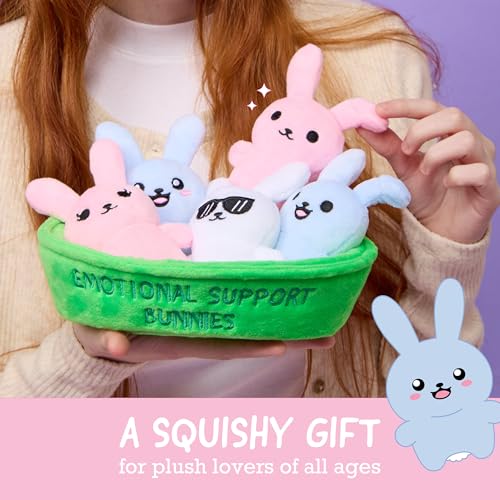 WHAT DO YOU MEME? Emotional Support Bunnies Plush Set – 5 Squishy Bunnies with Basket