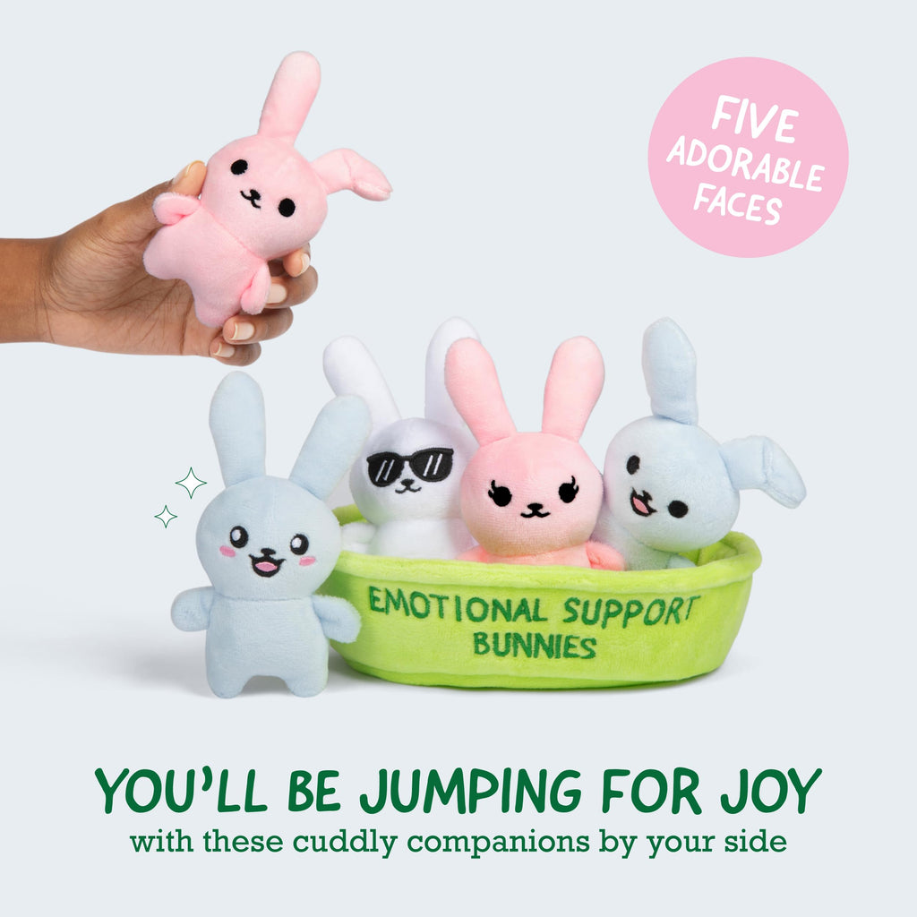 WHAT DO YOU MEME? Emotional Support Bunnies Plush Set – 5 Squishy Bunnies with Basket