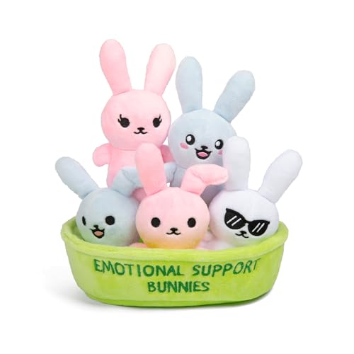 WHAT DO YOU MEME? Emotional Support Bunnies Plush Set – 5 Squishy Bunnies with Basket
