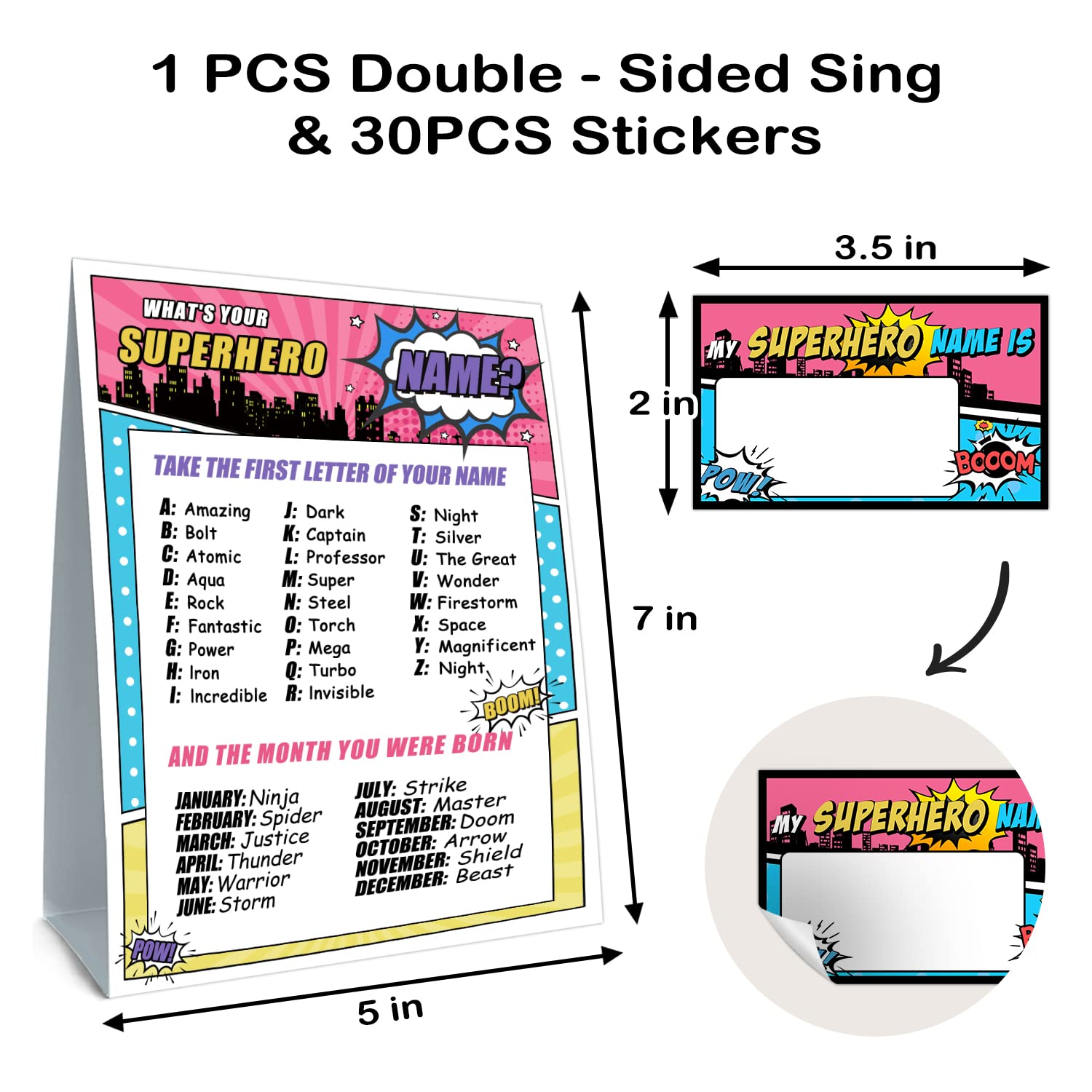 What is Your Superhero Name Game – Superhero Birthday Party Activity with 30 Name Tag Stickers
