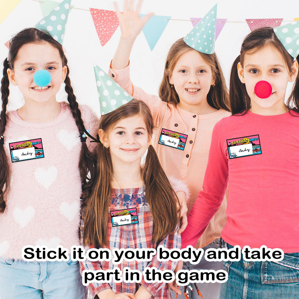 What is Your Superhero Name Game – Superhero Birthday Party Activity with 30 Name Tag Stickers