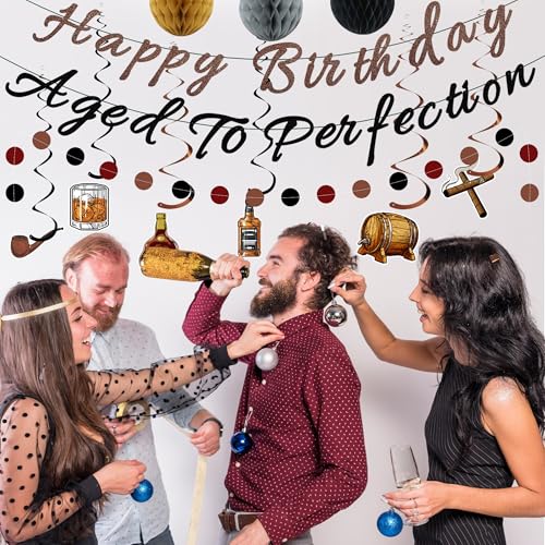 Whiskey Birthday Decorations for Men – Pre-Strung Banners, Honeycomb Balls & Spirals by TMTECHJS