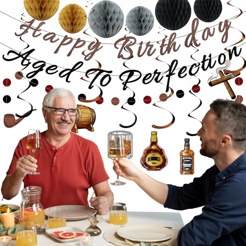 Whiskey Birthday Decorations for Men – Pre-Strung Banners, Honeycomb Balls & Spirals by TMTECHJS