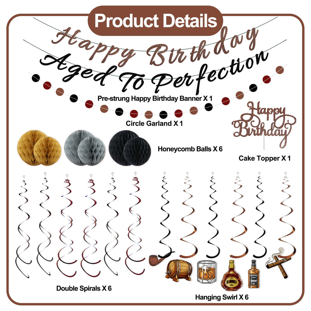 Whiskey Birthday Decorations for Men – Pre-Strung Banners, Honeycomb Balls & Spirals by TMTECHJS