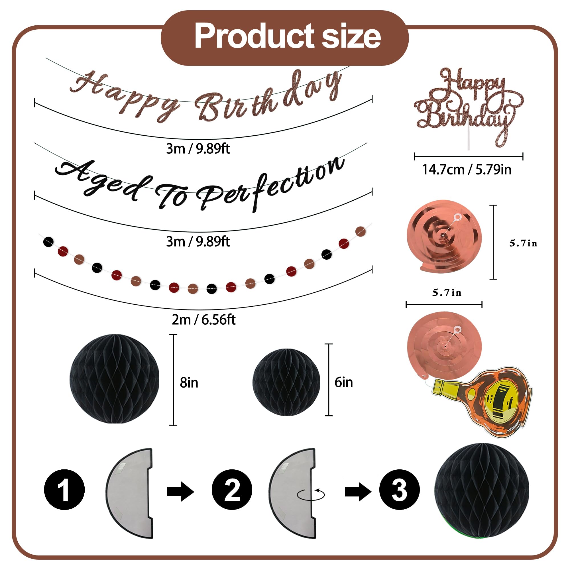 Whiskey Birthday Decorations for Men – Pre-Strung Banners, Honeycomb Balls & Spirals by TMTECHJS