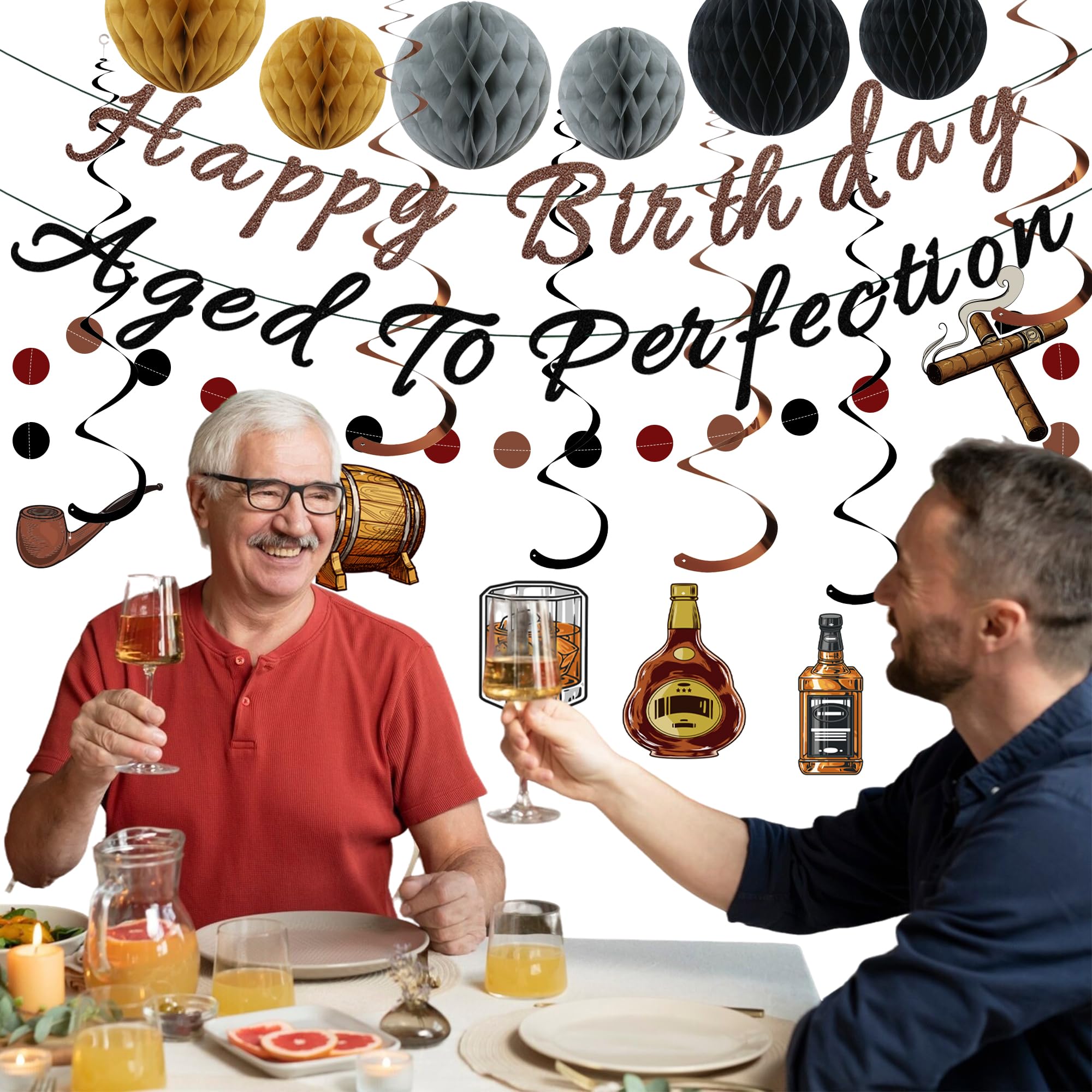 Whiskey Birthday Decorations for Men – Pre-Strung Banners, Honeycomb Balls & Spirals by TMTECHJS