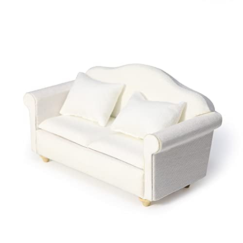 White Miniature Double Sofa with Pillows for Dollhouse - Cutemini Fabric Couch (5.24 inch)