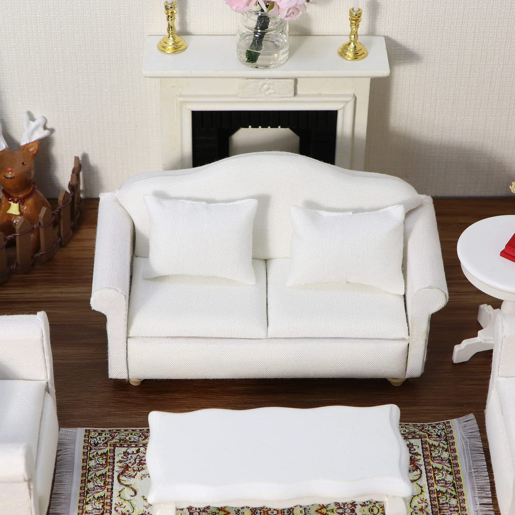 White Miniature Double Sofa with Pillows for Dollhouse - Cutemini Fabric Couch (5.24 inch)