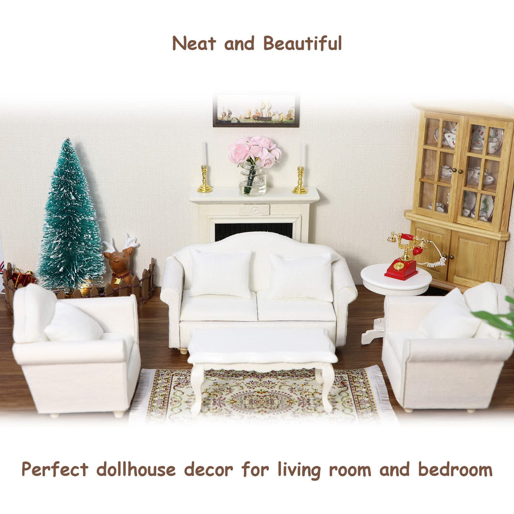 White Miniature Double Sofa with Pillows for Dollhouse - Cutemini Fabric Couch (5.24 inch)