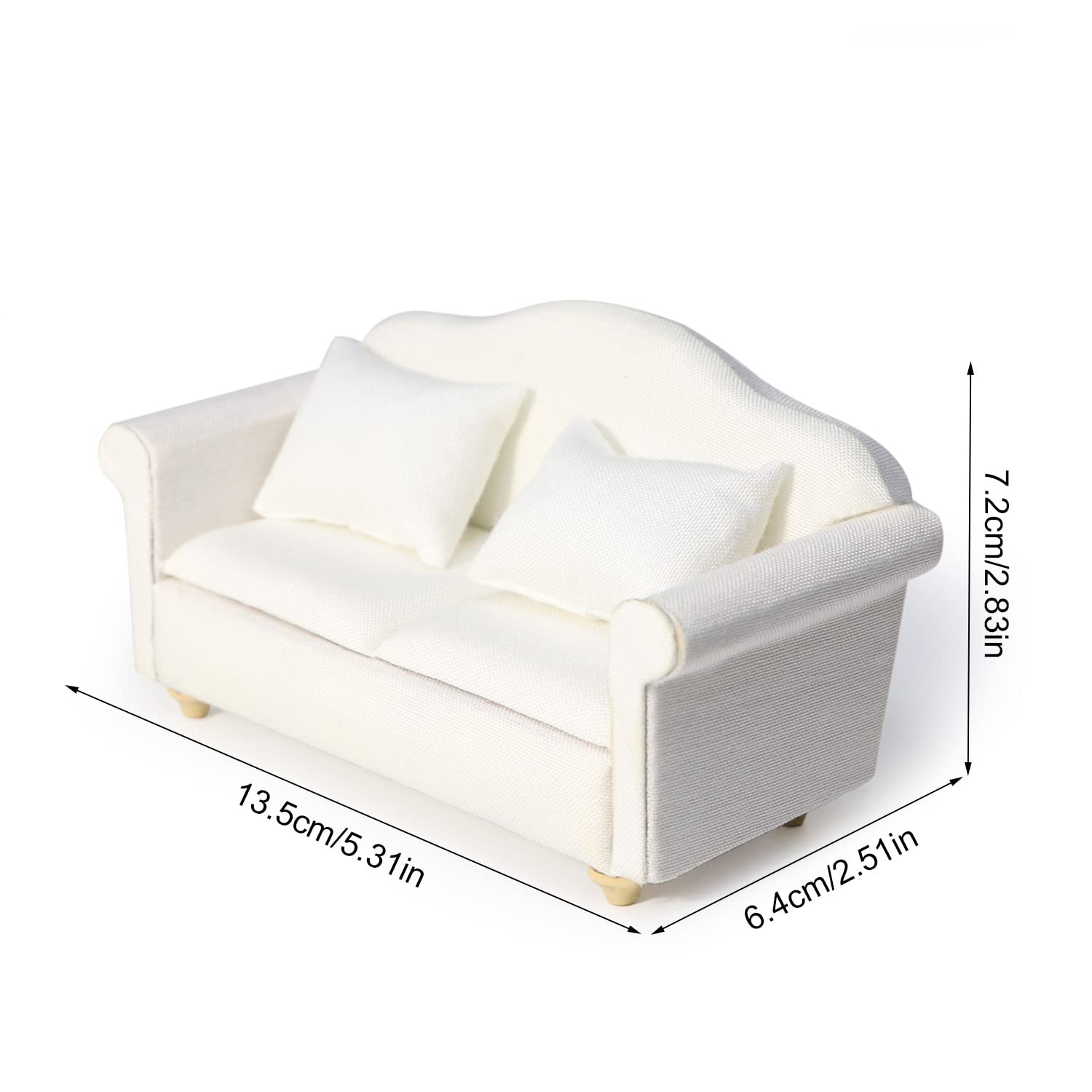 White Miniature Double Sofa with Pillows for Dollhouse - Cutemini Fabric Couch (5.24 inch)