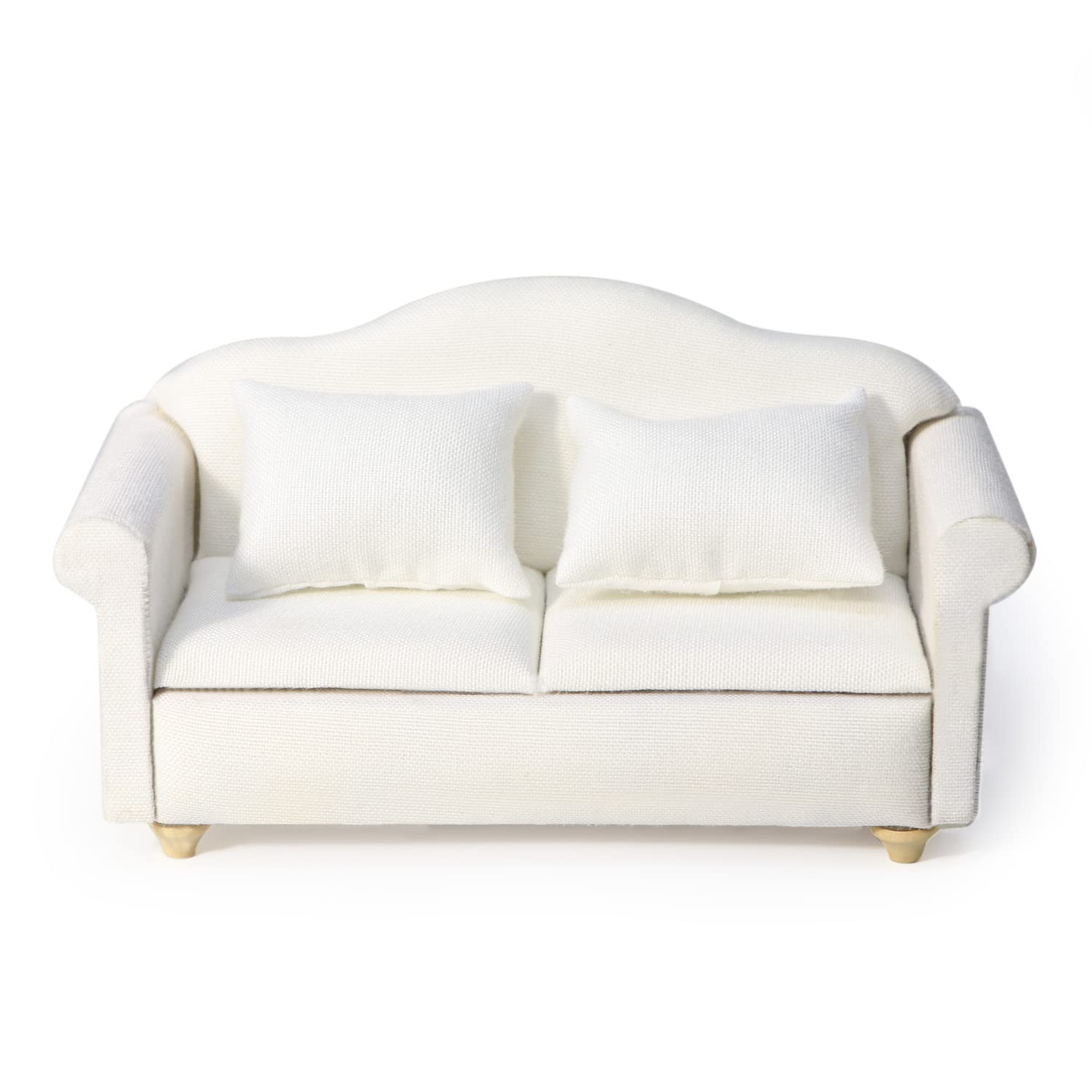 White Miniature Double Sofa with Pillows for Dollhouse - Cutemini Fabric Couch (5.24 inch)