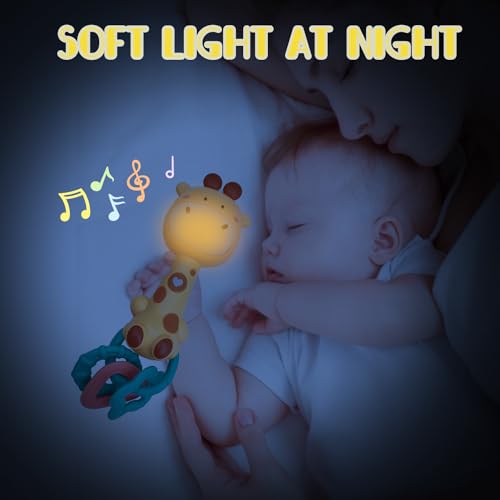 WHNKFB Baby Giraffe Musical Rattle Toy – Light-Up Teether with Soft BPA-Free Rubber, 4 Sounds & 3 Volume Levels for 6-18 Month Infants