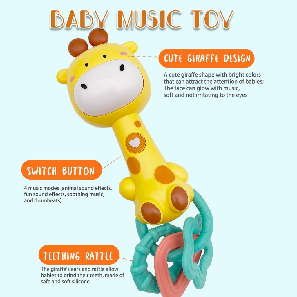 WHNKFB Baby Giraffe Musical Rattle Toy – Light-Up Teether with Soft BPA-Free Rubber, 4 Sounds & 3 Volume Levels for 6-18 Month Infants