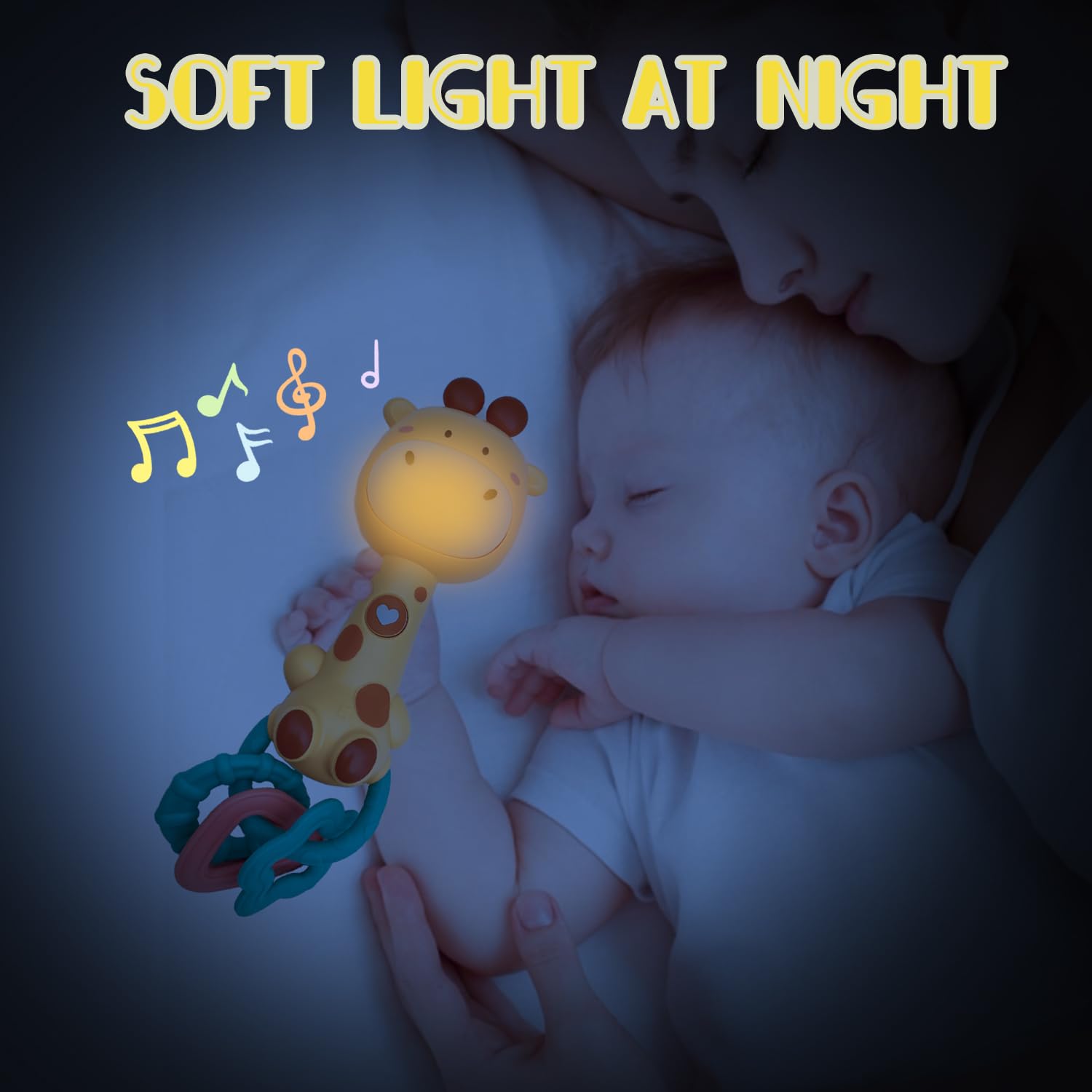 WHNKFB Baby Giraffe Musical Rattle Toy – Light-Up Teether with Soft BPA-Free Rubber, 4 Sounds & 3 Volume Levels for 6-18 Month Infants