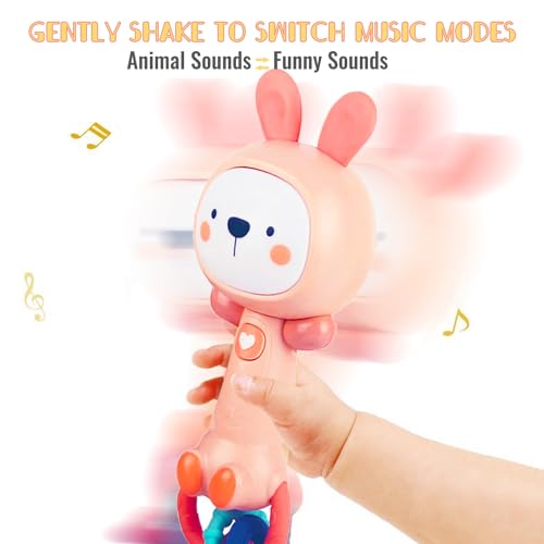 WHNKFB Soft Pink Bunny Musical Rattle Toy – Light-Up Teether, BPA-Free Rubber, for 6-18 Months