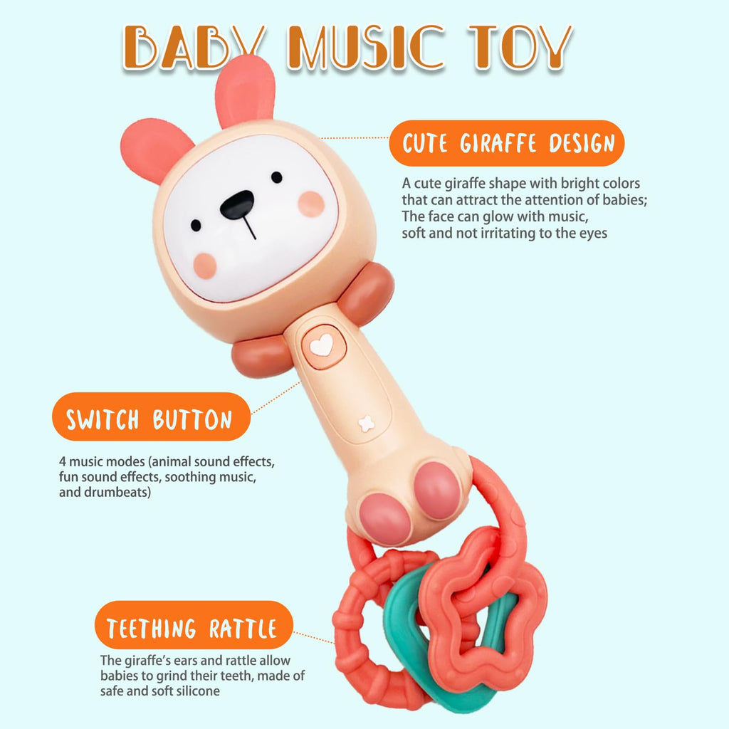WHNKFB Soft Pink Bunny Musical Rattle Toy – Light-Up Teether, BPA-Free Rubber, for 6-18 Months
