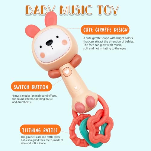 WHNKFB Soft Pink Bunny Musical Rattle Toy – Light-Up Teether, BPA-Free Rubber, for 6-18 Months