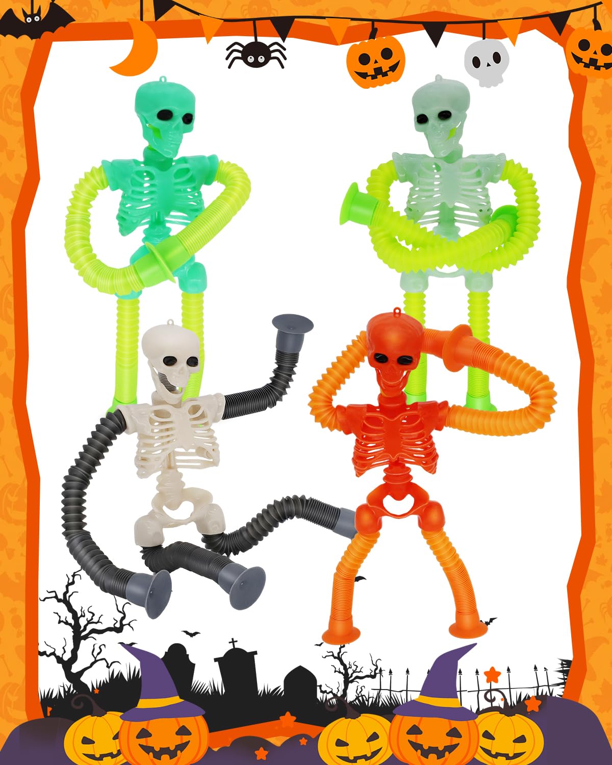 Whongkidz 4-Pack Skeleton Pop Tubes - Stretchy Sensory Fidget Toys with Suction Cups for Kids Age 3-9