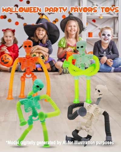 Whongkidz 4-Pack Skeleton Pop Tubes - Stretchy Sensory Fidget Toys with Suction Cups for Kids Age 3-9