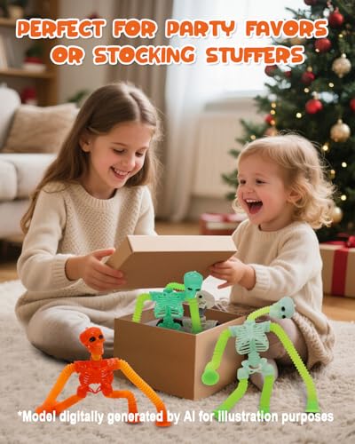 Whongkidz 4-Pack Skeleton Pop Tubes - Stretchy Sensory Fidget Toys with Suction Cups for Kids Age 3-9