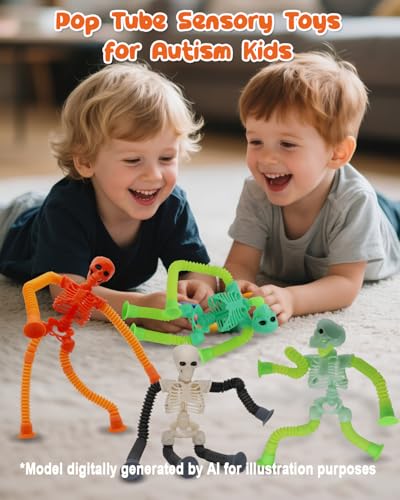 Whongkidz 4-Pack Skeleton Pop Tubes - Stretchy Sensory Fidget Toys with Suction Cups for Kids Age 3-9