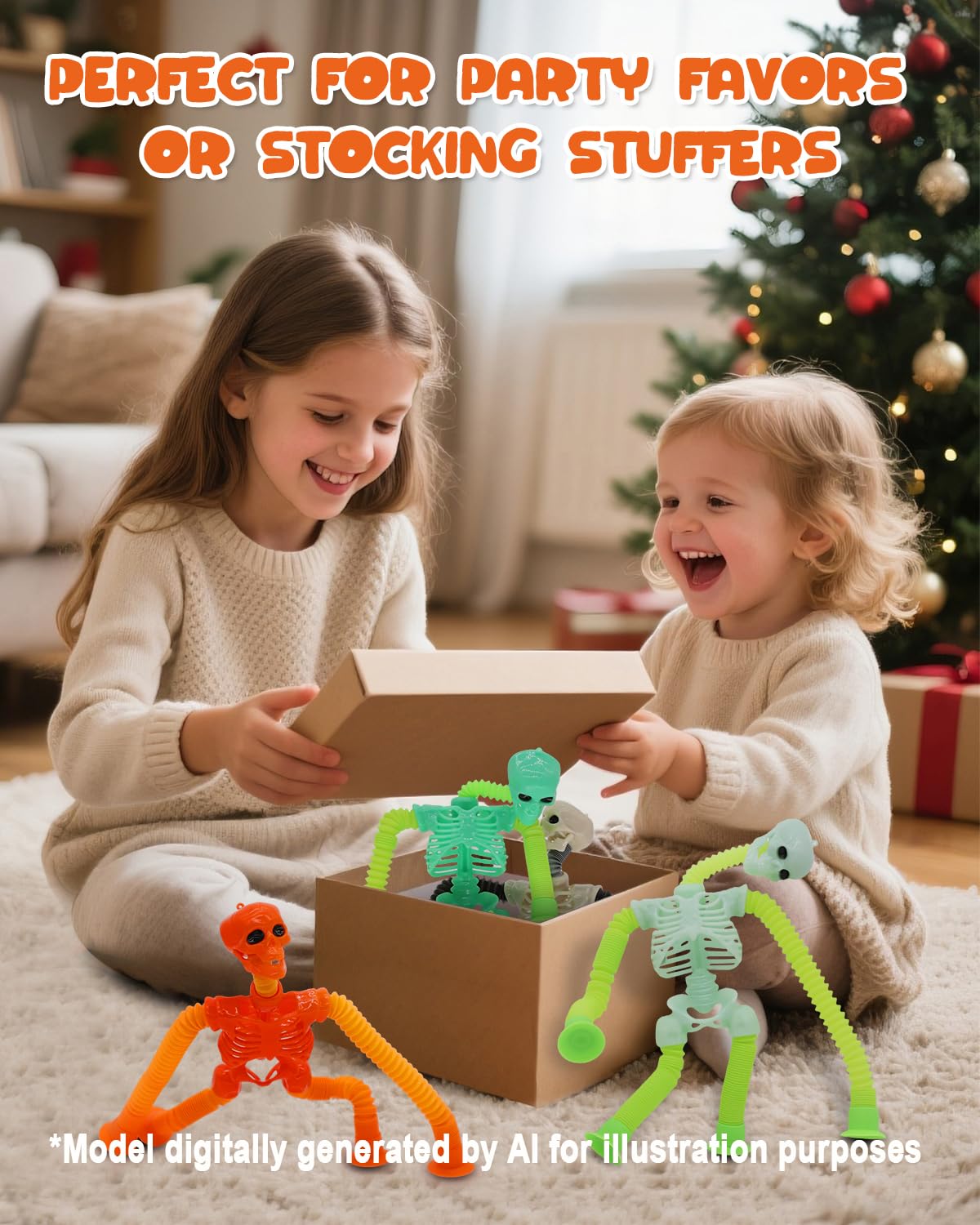 Whongkidz 4-Pack Skeleton Pop Tubes - Stretchy Sensory Fidget Toys with Suction Cups for Kids Age 3-9