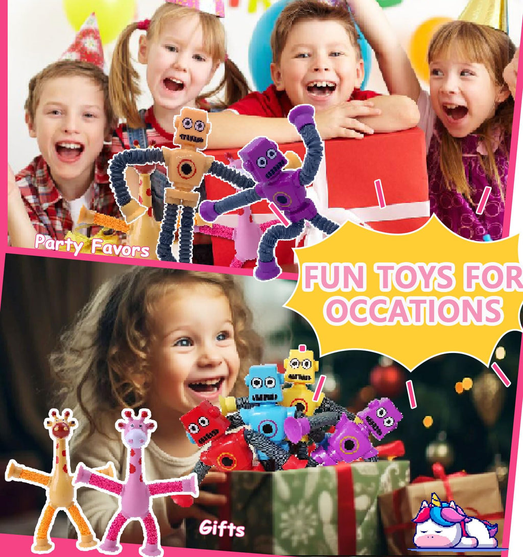 Whongkidz Pop Tubes Robot Toy Set (8-Pack) – Stretchy Fidget Toys with Suction Cups for Toddlers, Kids, Autism Sensory Play