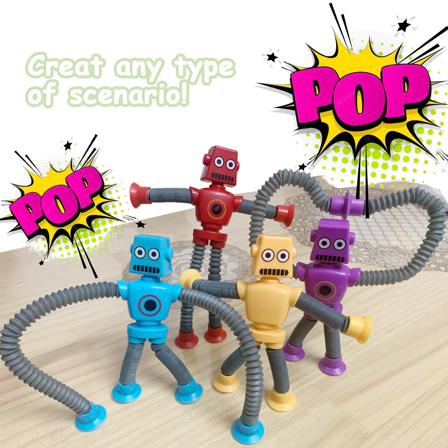 Whongkidz Pop Tubes Robot Toy Set (8-Pack) – Stretchy Fidget Toys with Suction Cups for Toddlers, Kids, Autism Sensory Play
