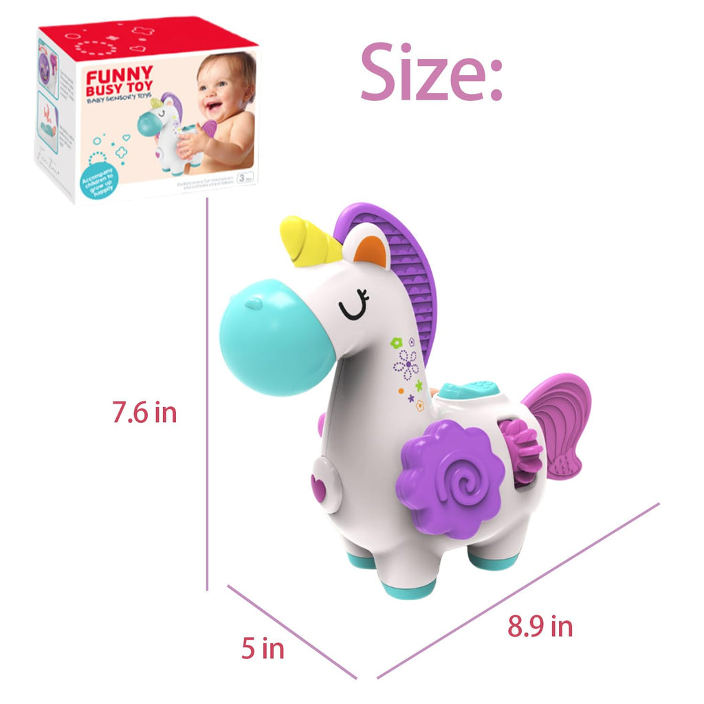 WIIBAAHO Montessori Busy Board for 1 Year Old – 8 Sensory Activities, Unicorn Design, BPA-Free ABS