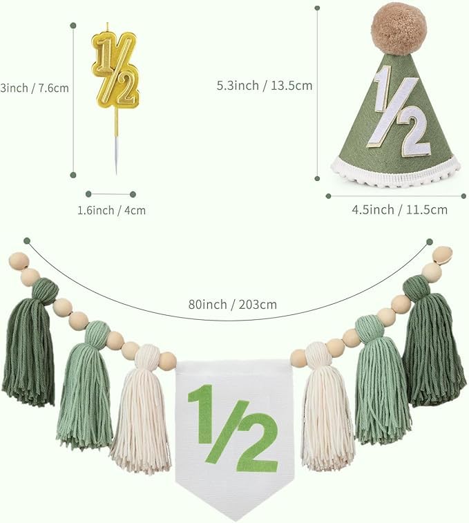 Wild Green Half Birthday Decoration Set - Tassel Banner, Hat, Candle for Baby Boy