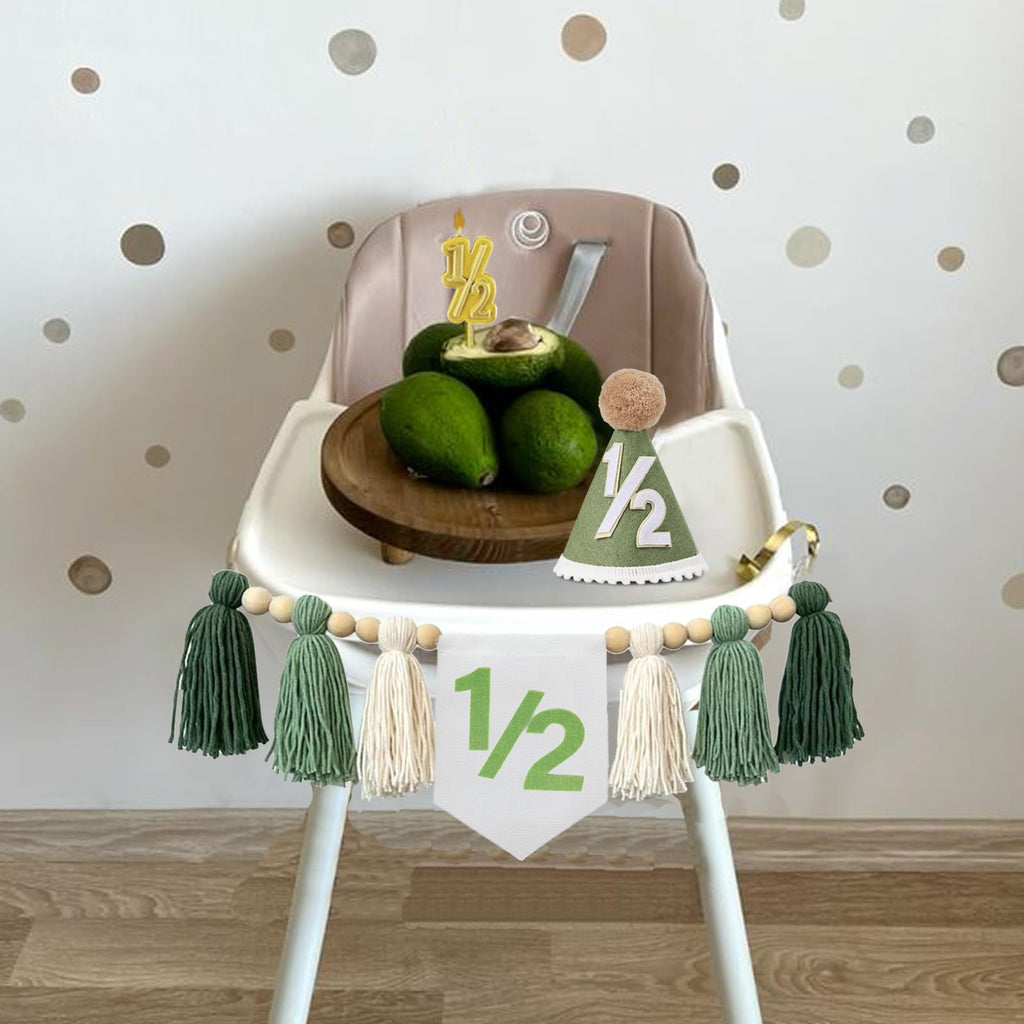 Wild Green Half Birthday Decoration Set - Tassel Banner, Hat, Candle for Baby Boy
