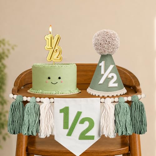 Wild Green Half Birthday Decoration Set - Tassel Banner, Hat, Candle for Baby Boy