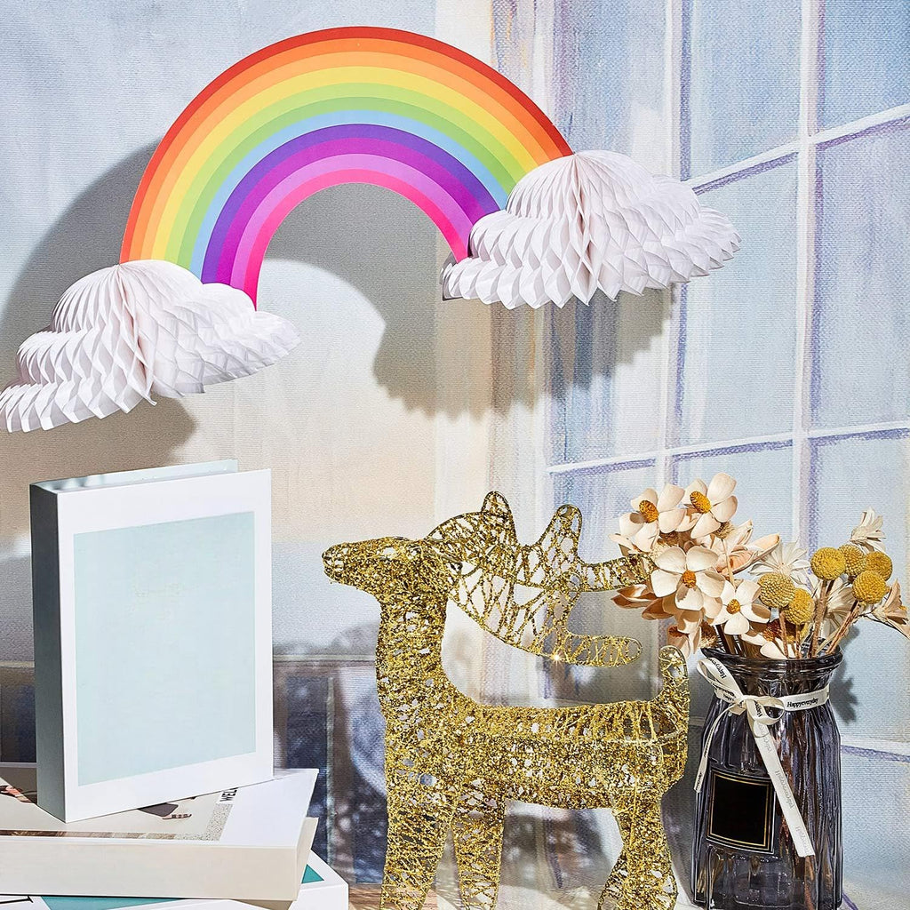 WILLBOND 6-Piece Rainbow Honeycomb Paper Centerpieces - 16.5x8 Inch Party Table Decorations with Cloud Base