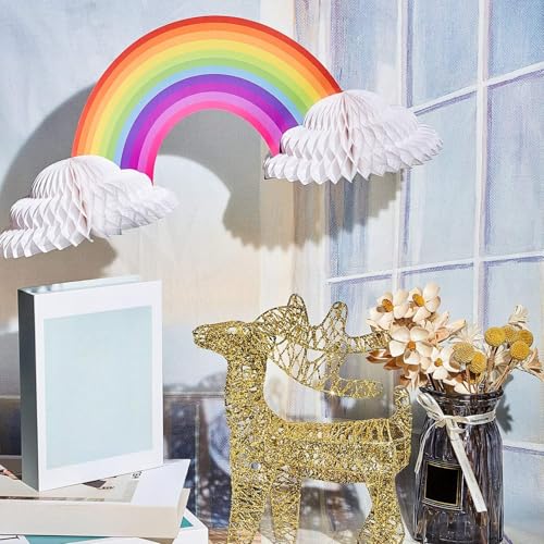 WILLBOND 6-Piece Rainbow Honeycomb Paper Centerpieces - 16.5x8 Inch Party Table Decorations with Cloud Base