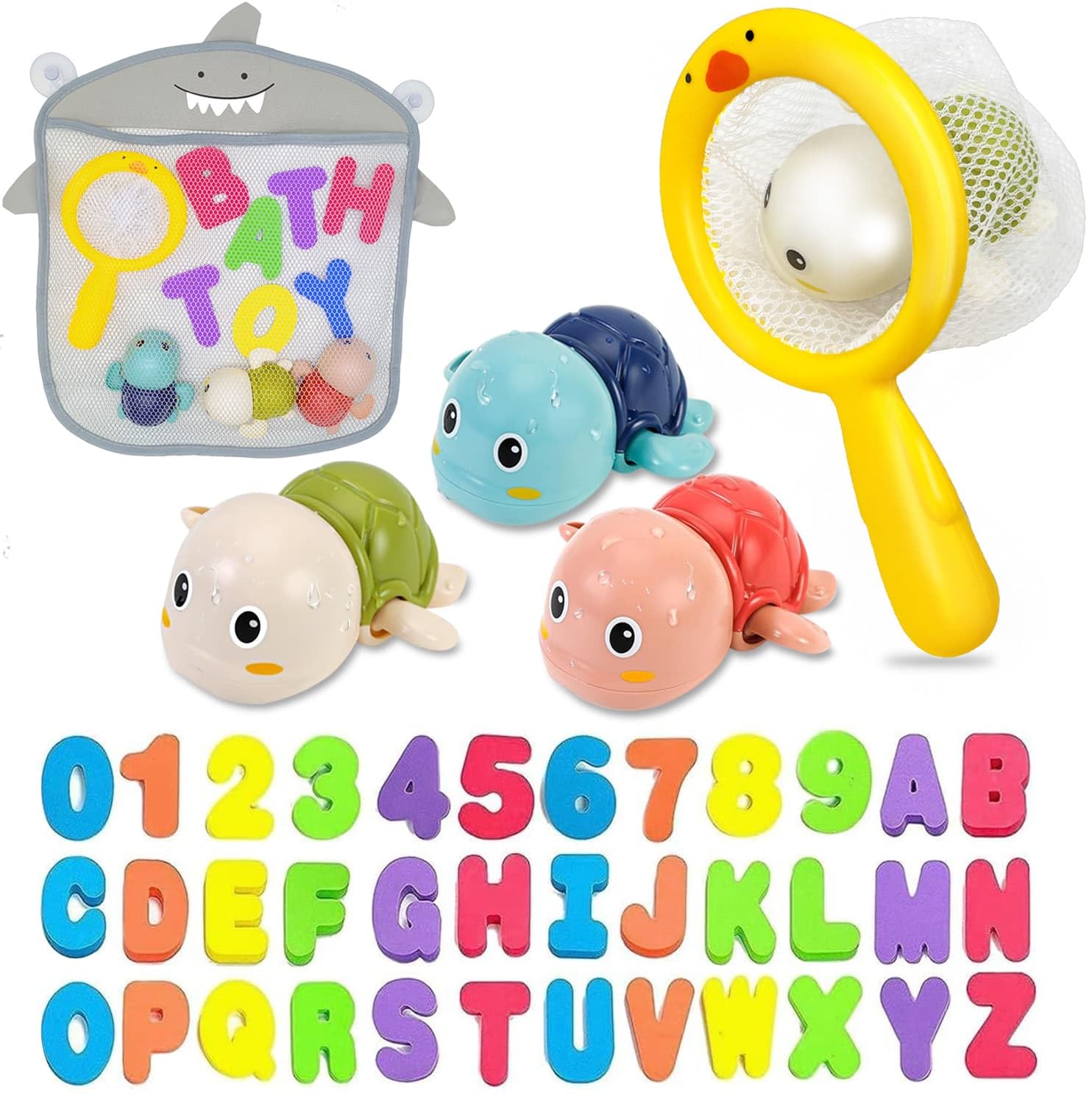 Wind-Up Turtle Bath Toys for Toddlers 1-3 – Foam Letters & Numbers with Storage