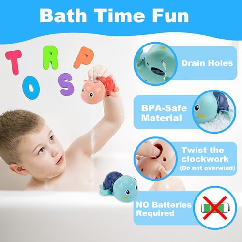 Wind-Up Turtle Bath Toys for Toddlers 1-3 – Foam Letters & Numbers with Storage